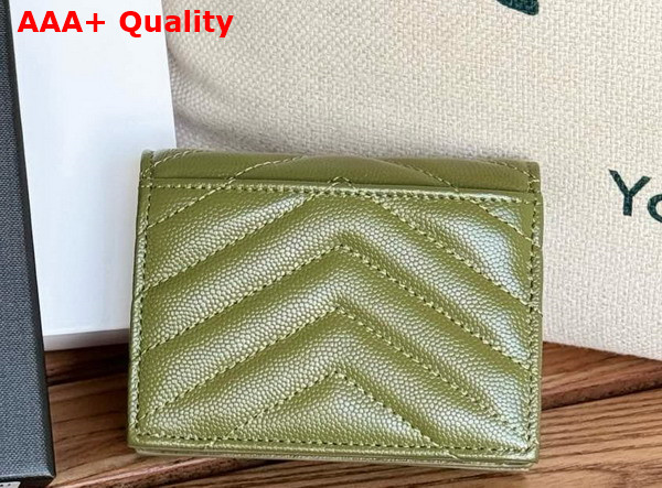 Saint Laurent Cassandre Matelasse Flap Card Case in Olive Green Grain de Poudre Leather Replica