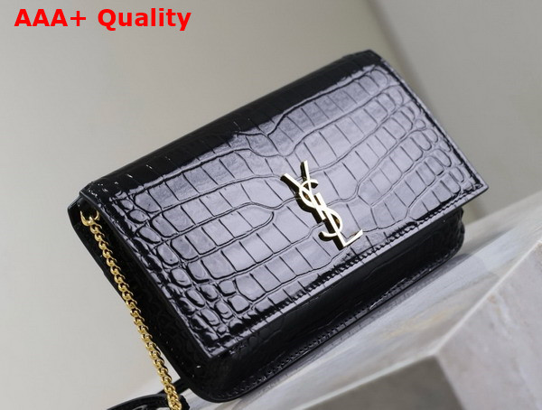 Saint Laurent Cassandre Phone Holder in Shiny Crocodile Embossed Leather Black Replica