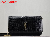 Saint Laurent Cassandre Phone Holder in Shiny Crocodile Embossed Leather Black Replica