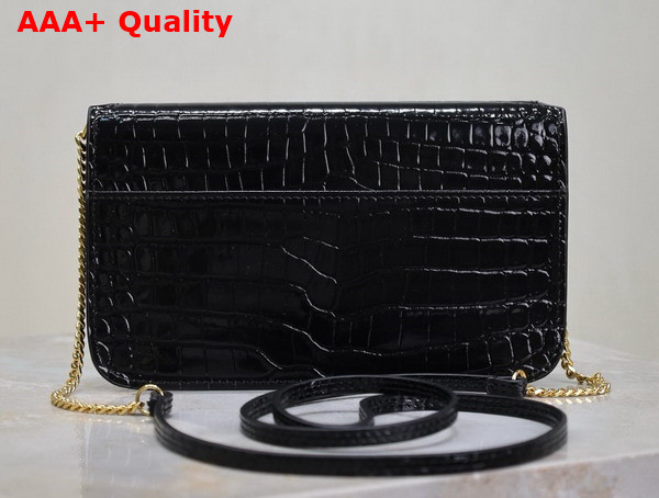 Saint Laurent Cassandre Phone Holder in Shiny Crocodile Embossed Leather Black Replica