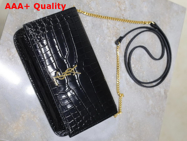 Saint Laurent Cassandre Phone Holder in Shiny Crocodile Embossed Leather Black Replica