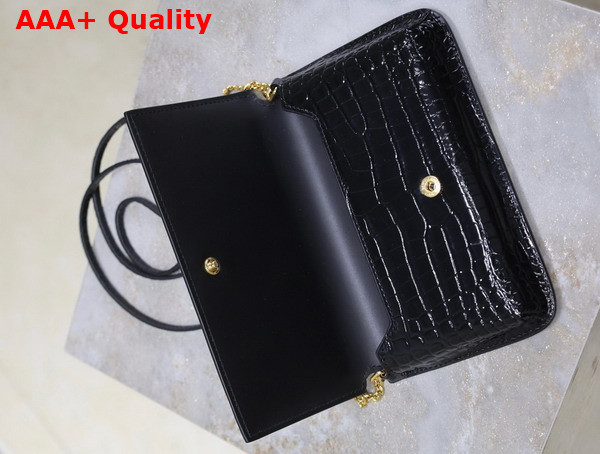 Saint Laurent Cassandre Phone Holder in Shiny Crocodile Embossed Leather Black Replica