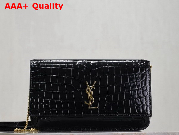 Saint Laurent Cassandre Phone Holder in Shiny Crocodile Embossed Leather Black Replica