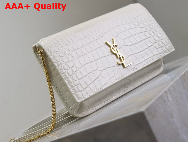 Saint Laurent Cassandre Phone Holder in Shiny Crocodile Embossed Leather Blanc Vintage Replica