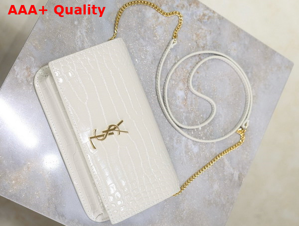 Saint Laurent Cassandre Phone Holder in Shiny Crocodile Embossed Leather Blanc Vintage Replica