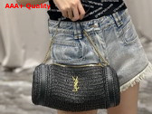 Saint Laurent Cassandre Small Cylindric Bag in Black Raffia and Vegetable Tanned Leather Replica