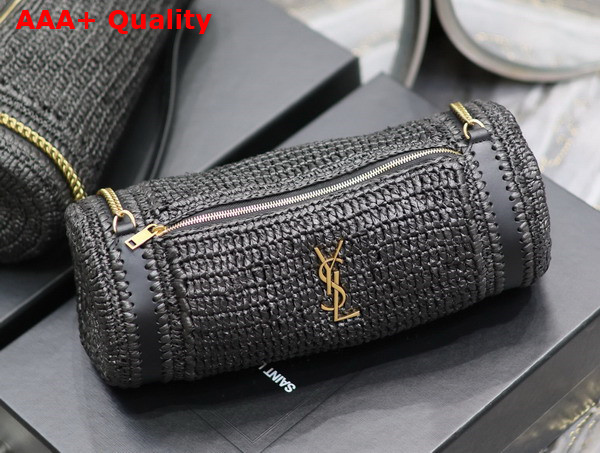 Saint Laurent Cassandre Small Cylindric Bag in Black Raffia and Vegetable Tanned Leather Replica