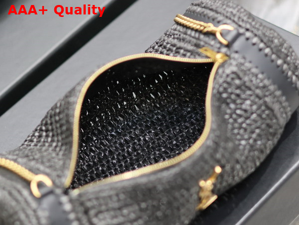 Saint Laurent Cassandre Small Cylindric Bag in Black Raffia and Vegetable Tanned Leather Replica