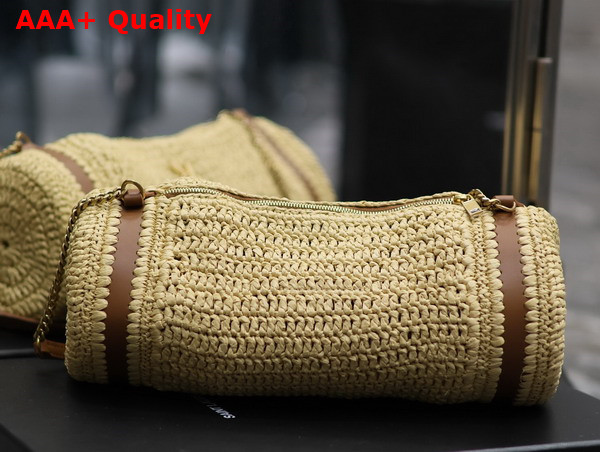 Saint Laurent Cassandre Small Cylindric Bag in Raffia and Vegetable Tanned Leather Natural and Brick Replica