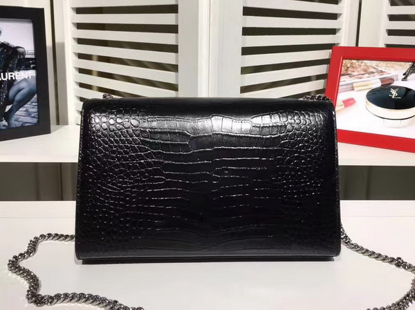 Saint Laurent Classic Medium Kate Monogram Saint Laurent Tassel Satchel in Black Crocodile Embossed Leather For Sale
