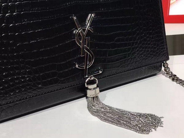 Saint Laurent Classic Medium Kate Monogram Saint Laurent Tassel Satchel in Black Crocodile Embossed Leather For Sale