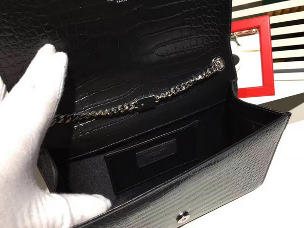 Saint Laurent Classic Medium Kate Monogram Saint Laurent Tassel Satchel in Black Crocodile Embossed Leather For Sale