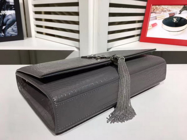 Saint Laurent Classic Medium Kate Monogram Saint Laurent Tassel Satchel in Dark Anthracite Crocodile Embossed Leather For Sale