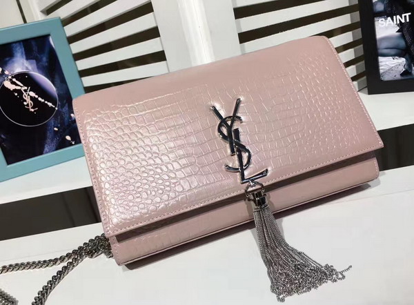 Saint Laurent Classic Medium Kate Monogram Saint Laurent Tassel Satchel in Pink Crocodile Embossed Leather For Sale