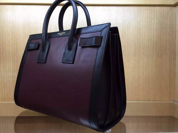 Saint Laurent Classic Small Sac De Jour Bag in Burgundy Leather with Black Handle for Sale