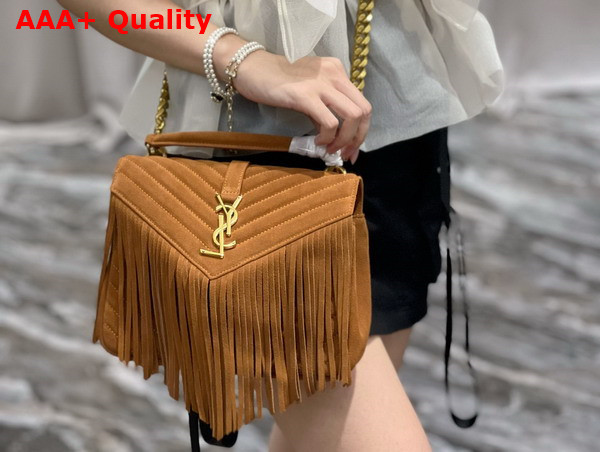 Saint Laurent College Medium Chain Bag in Light Suede with Fringes Cinnamon Replica
