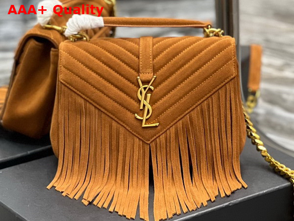 Saint Laurent College Medium Chain Bag in Light Suede with Fringes Cinnamon Replica