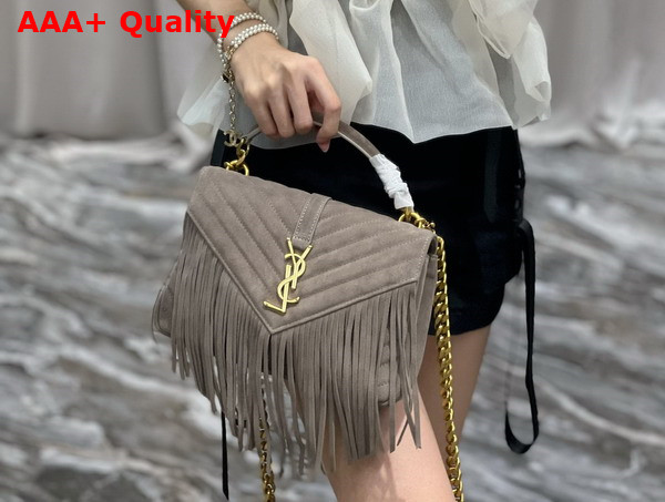 Saint Laurent College Medium Chain Bag in Light Suede with Fringes Dusty Grey Replica