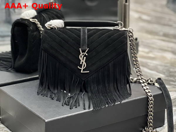 Saint Laurent College Medium Chain Bag in Light Suede with Fringes Noir Replica