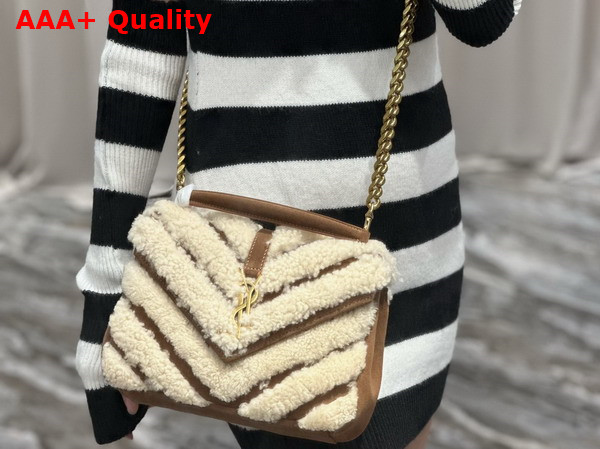 Saint Laurent College Medium Chain Bag in Suede and Shearling Natural Beige and Dark Cigar Replica