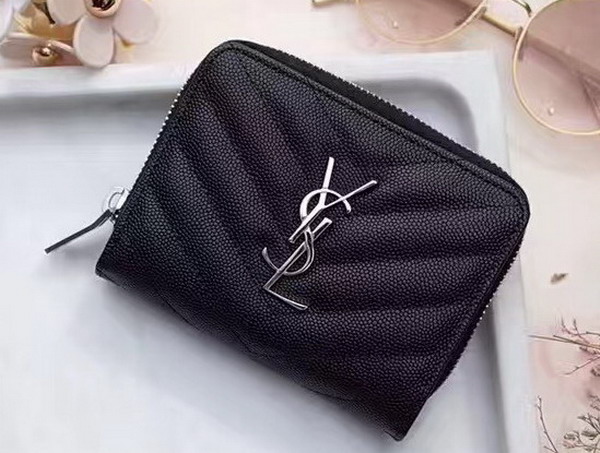 Saint Laurent Compact Zip Around Wallet in Black Grain De Poudre Textured Matelasse Leather For Sale