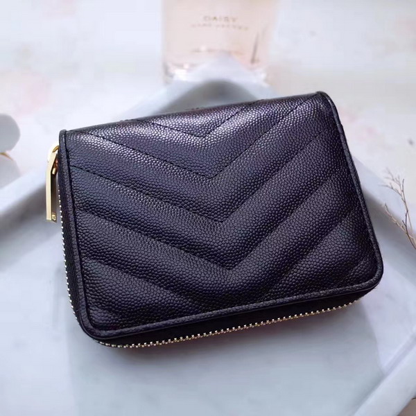 Saint Laurent Compact Zip Around Wallet in Black Grain De Poudre Textured Matelasse Leather For Sale