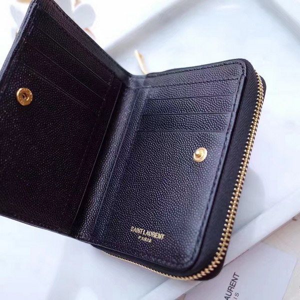 Saint Laurent Compact Zip Around Wallet in Black Grain De Poudre Textured Matelasse Leather For Sale