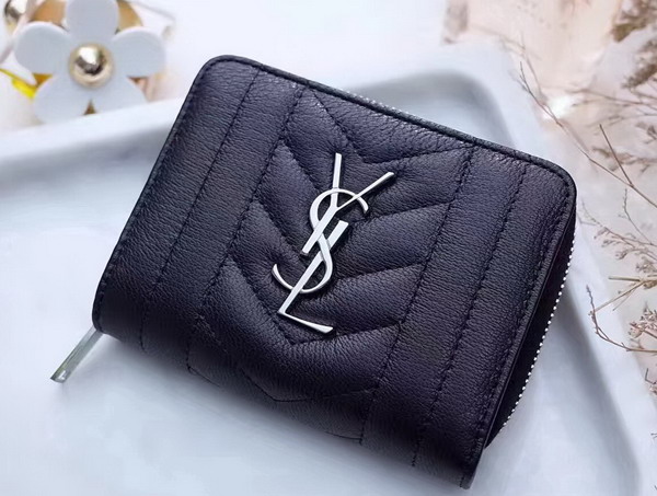Saint Laurent Compact Zip Around Wallet in Black Mixed Matelasse Leather For Sale