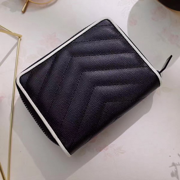 Saint Laurent Compact Zip Around Wallet in Black and Dove White Grain De Poudre Textured Matelasse Leather For Sale