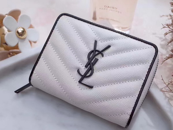Saint Laurent Compact Zip Around Wallet in Dove White and Black Grain De Poudre Textured Matelasse Leather For Sale