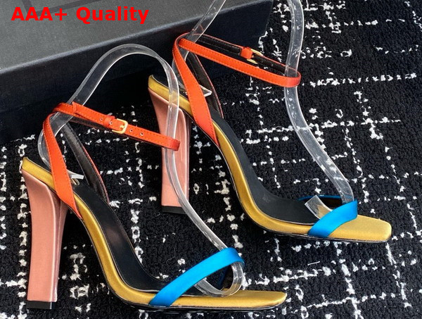 Saint Laurent Dominique Sandals in Satin Crepe Duck Blu Dark Rust and Manioc Brown Replica