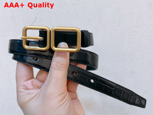 Saint Laurent Double Buckle Thin Belt in Black Crocodile Embossed Leather Replica