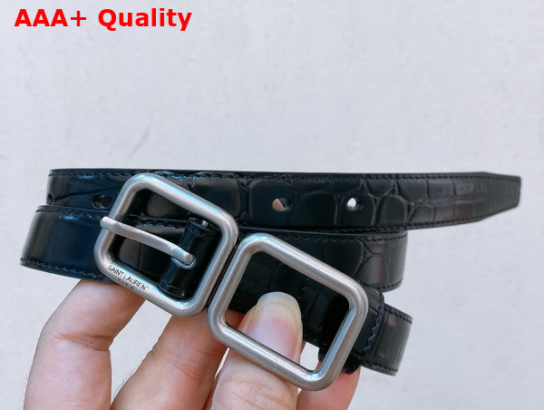 Saint Laurent Double Buckle Thin Belt in Black Crocodile Embossed Leather Replica