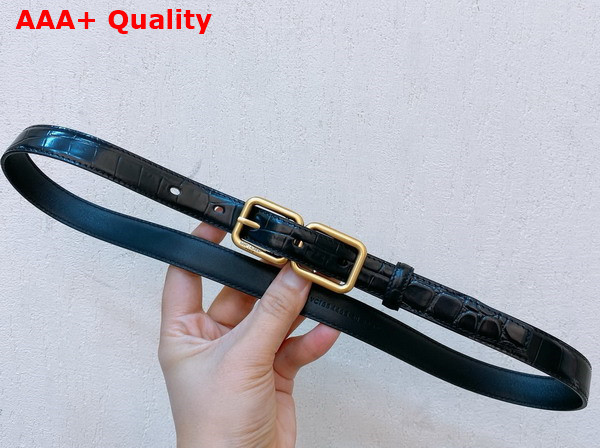 Saint Laurent Double Buckle Thin Belt in Black Crocodile Embossed Leather Replica