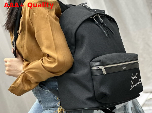 Saint Laurent Embroidered City Backpack in Canvas Black and White Replica