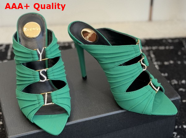 Saint Laurent Emilie Mules in Vert Deau Satin Crepe Replica