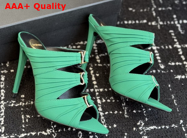 Saint Laurent Emilie Mules in Vert Deau Satin Crepe Replica