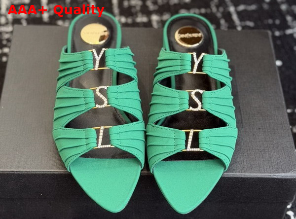Saint Laurent Emilie Mules in Vert Deau Satin Crepe Replica