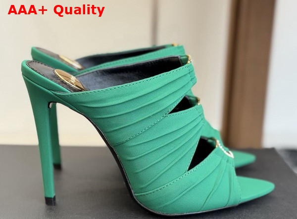 Saint Laurent Emilie Mules in Vert Deau Satin Crepe Replica