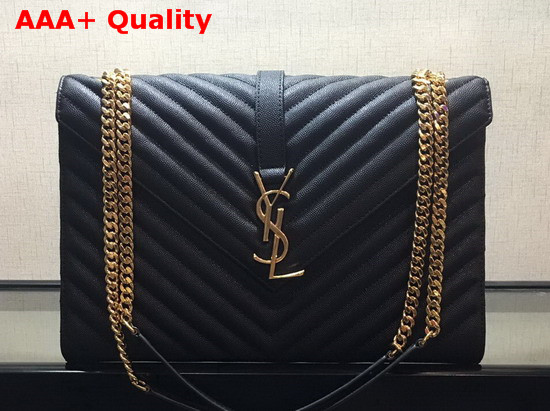 Saint Laurent Envelope Large Bag in Black Grain De Poudre Embossed Leather with Gold Toned Metal YSL Signature and Matelasse Stitching Replica