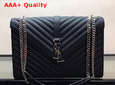 Saint Laurent Envelope Large Bag in Black Grain De Poudre Embossed Leather with Silver Toned Metal YSL Signature and Matelasse Stitching Replica