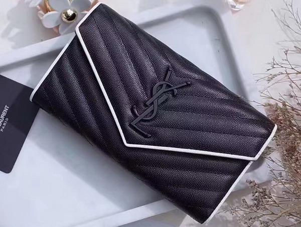 Saint Laurent Flap Wallet in Black and Dove White Grain De Poudre Textured Matelasse Leather For Sale