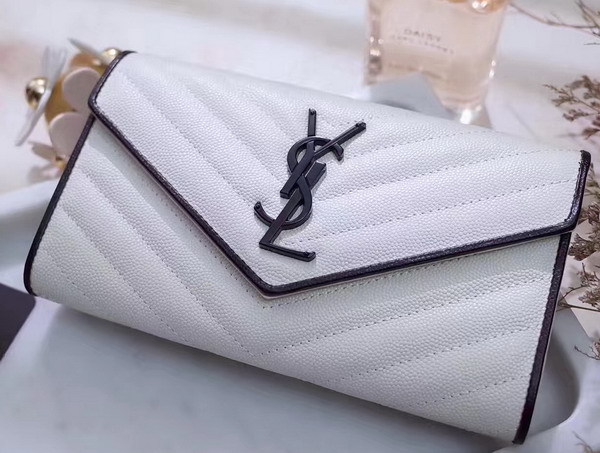 Saint Laurent Flap Wallet in Dove White and Black Grain De Poudre Textured Matelasse Leather For Sale