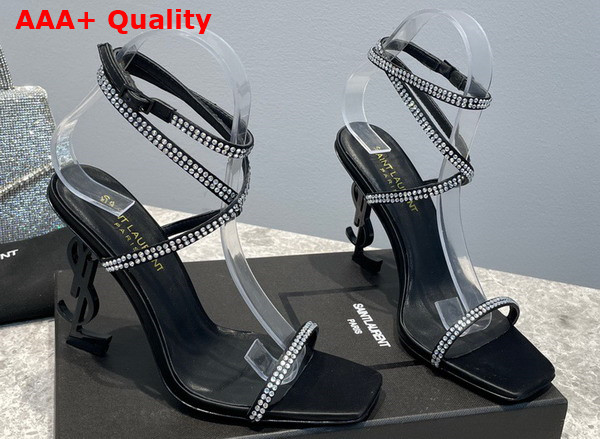Saint Laurent Georgia Sandals in Crepe Satin with Rhinestones Black and Crystal Replica