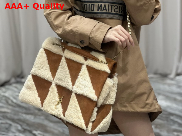 Saint Laurent Jamie Giant Chain Bag Carre Rive Gauche in Suede and Shearling Patchwork Natural Beige and Dark Cigar Replica