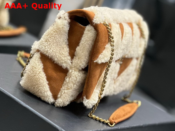 Saint Laurent Jamie Medium Chain Bag Carre Rive Gauche in Suede and Shearling Patchwork Natural Beige and Dark Cigar Replica