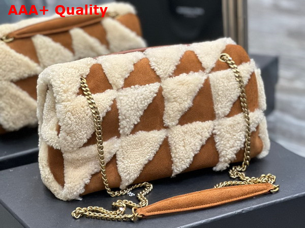 Saint Laurent Jamie Medium Chain Bag Carre Rive Gauche in Suede and Shearling Patchwork Natural Beige and Dark Cigar Replica