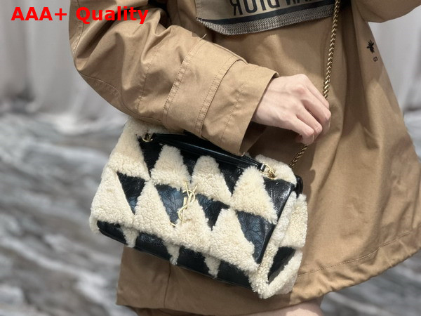 Saint Laurent Jamie Medium Chain Bag Carre Rive Gauche in Suede and Shearling Patchwork Natural Beige et Noir Replica