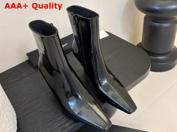Saint Laurent Jill Booties in Black Glazed Leather Replica