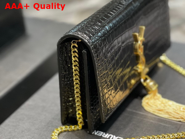 Saint Laurent Kate Chain Wallet with Tassel in Black Crocodile Embossed Shiny Leather Replica